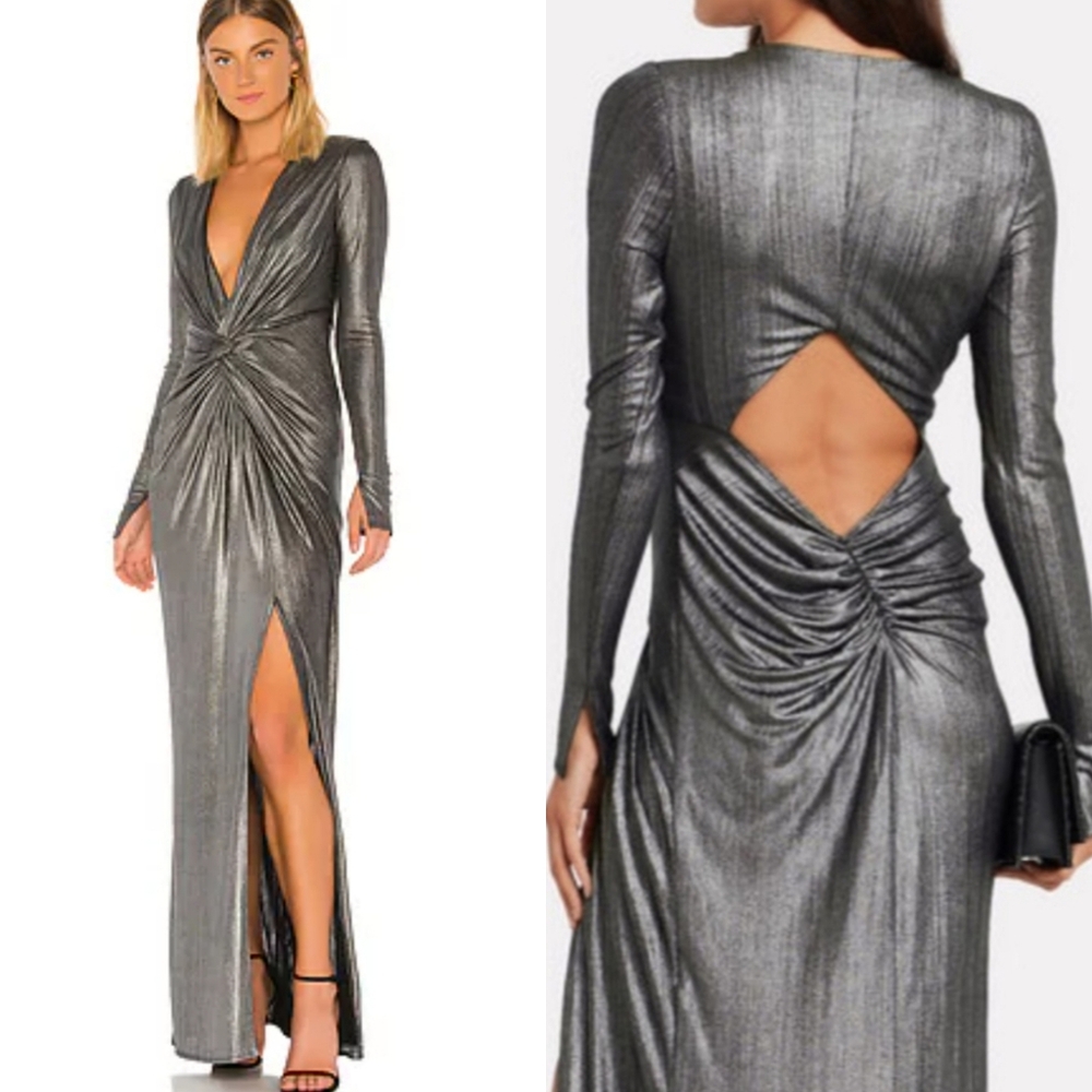 Katie May In A Mood Dress Gown NEW Deep V Women Large Metallic Silver Glam Party
